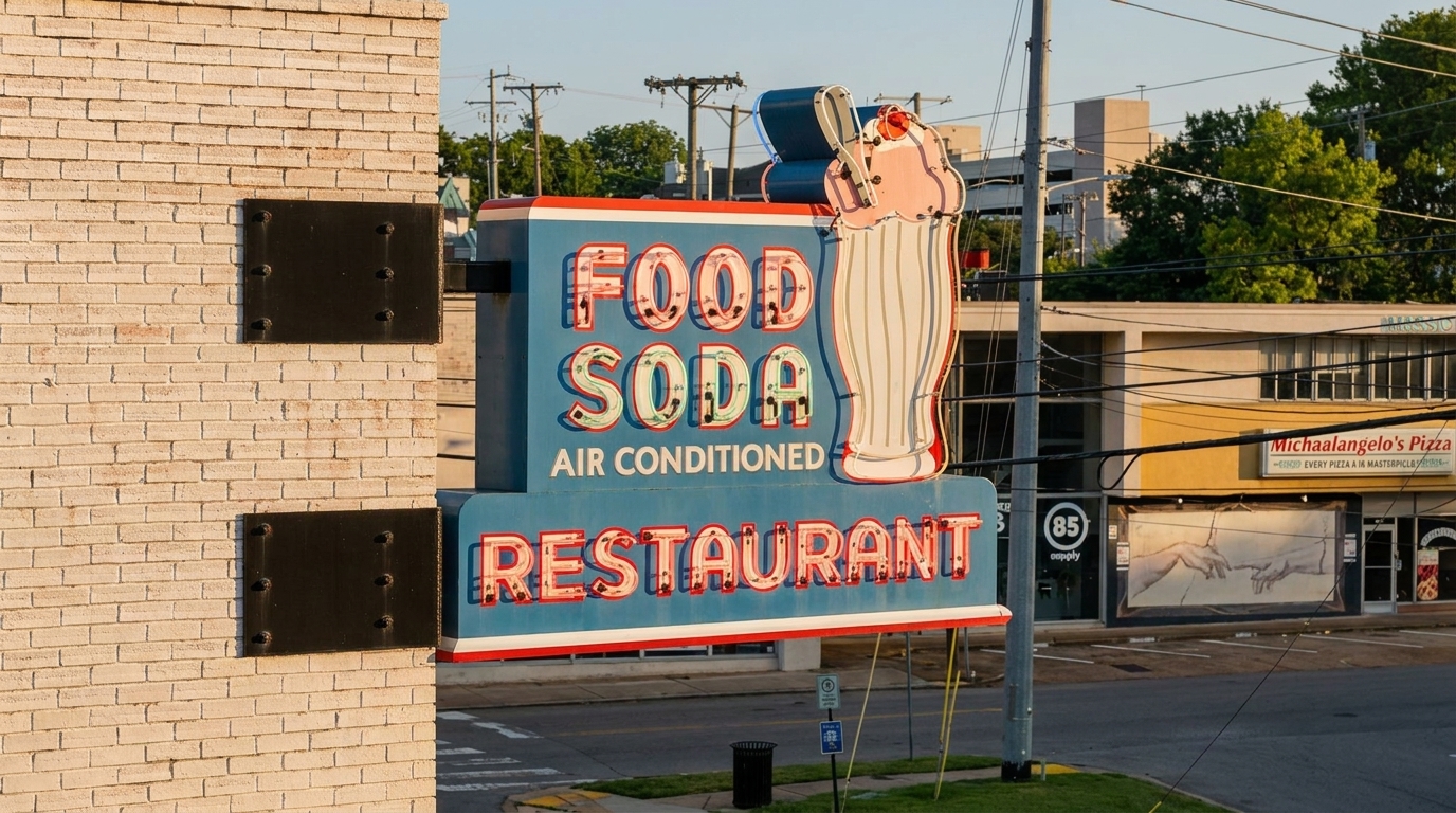 A vintage neon sign for "FOOD SODA AIR CONDITIONED RESTAURANT" with a milkshake graphic.
