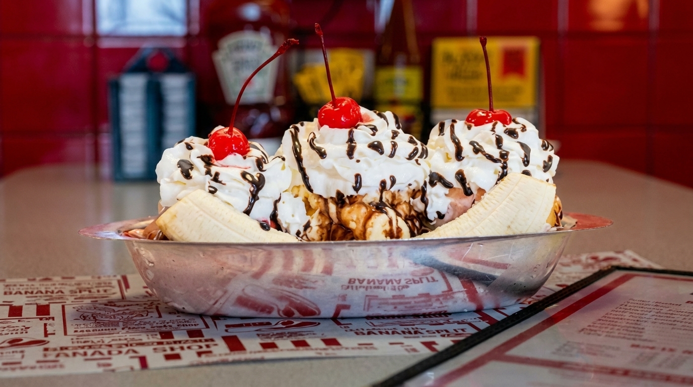 A banana split with three scoops of ice cream, whipped cream, chocolate syrup, and cherries.