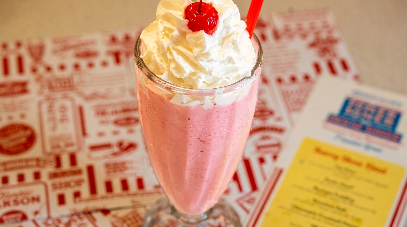 Pink milkshake with whipped cream, a cherry, and a red straw on a patterned diner placemat.