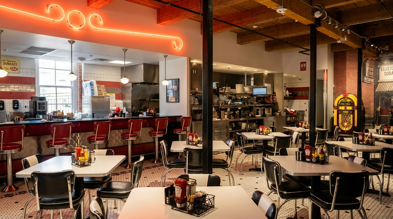 A retro diner interior with red bar stools, white tables, black chairs, and a jukebox.