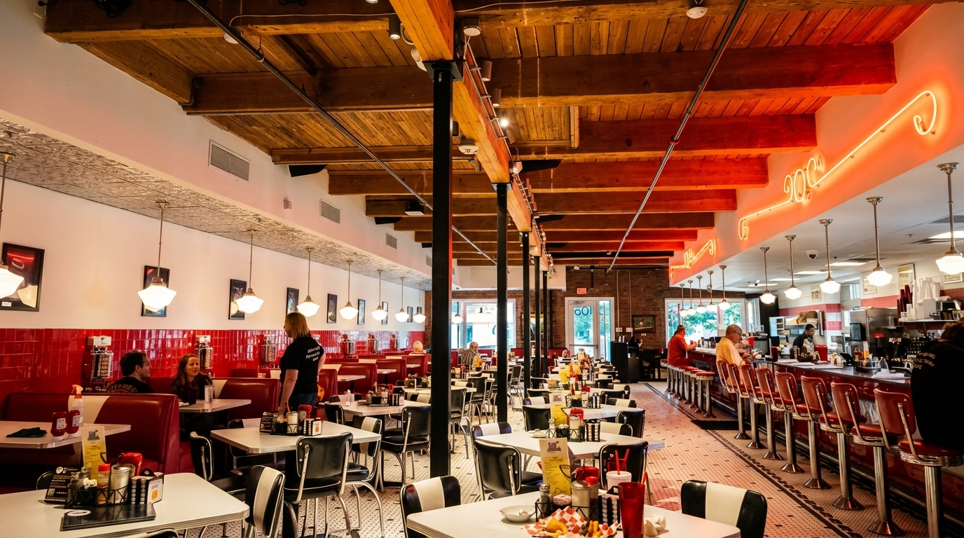 A retro diner interior with red booths, black and white chairs, and a long counter with stools.