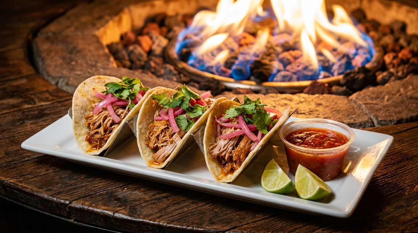 Three tacos with pulled pork, pickled onions, and cilantro, with salsa and lime by a fire pit.