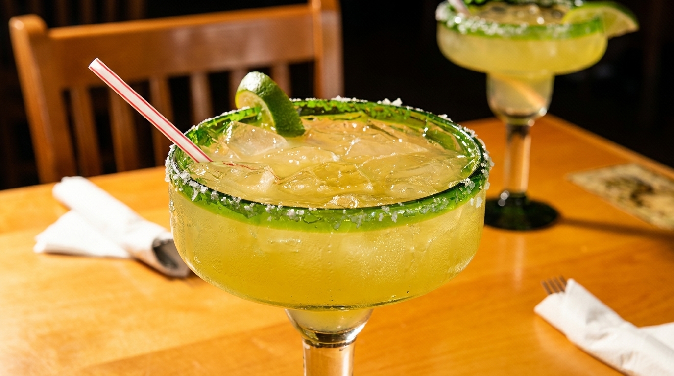 Two margaritas with salt rims and lime wedges on a wooden table in a restaurant setting.