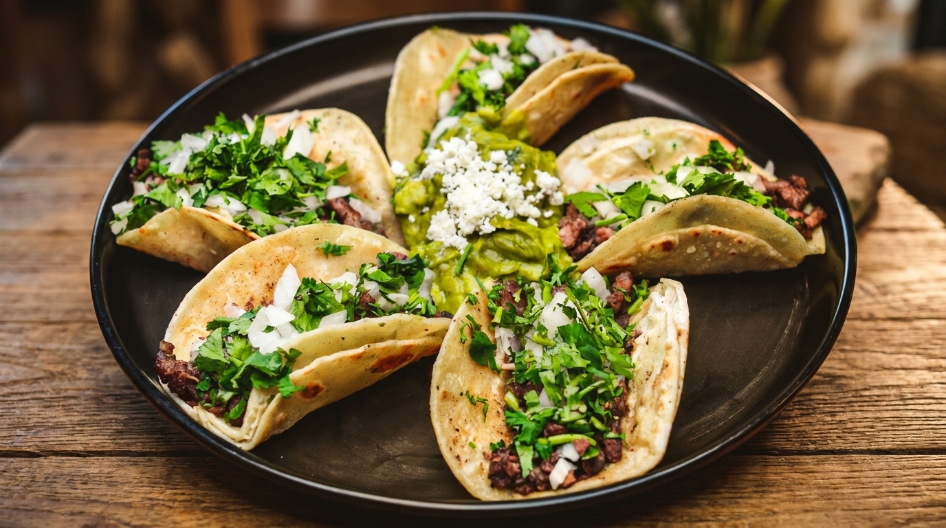 Six street tacos with meat, cilantro, and onions, surrounding a dollop of guacamole with cheese.