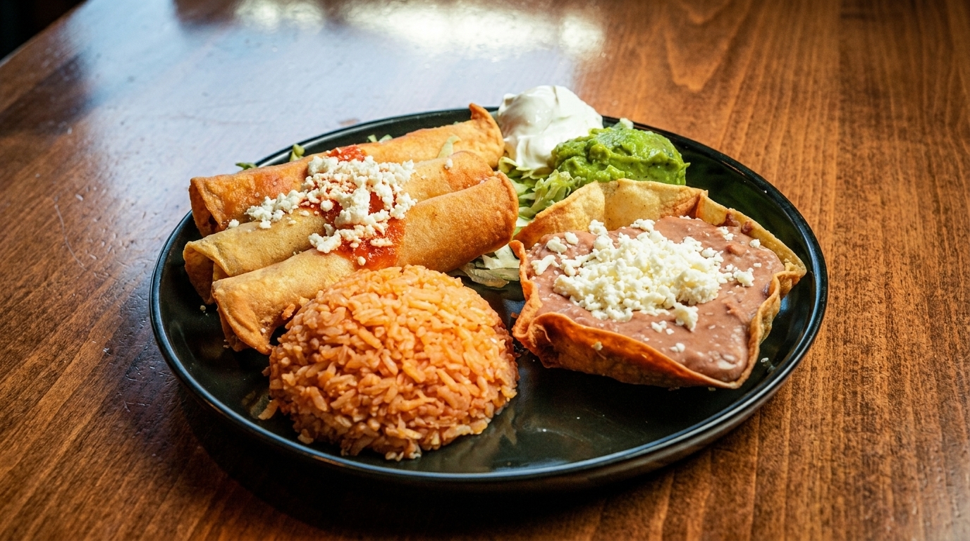 A black plate of Mexican food with taquitos, rice, refried beans, guacamole, and sour cream.