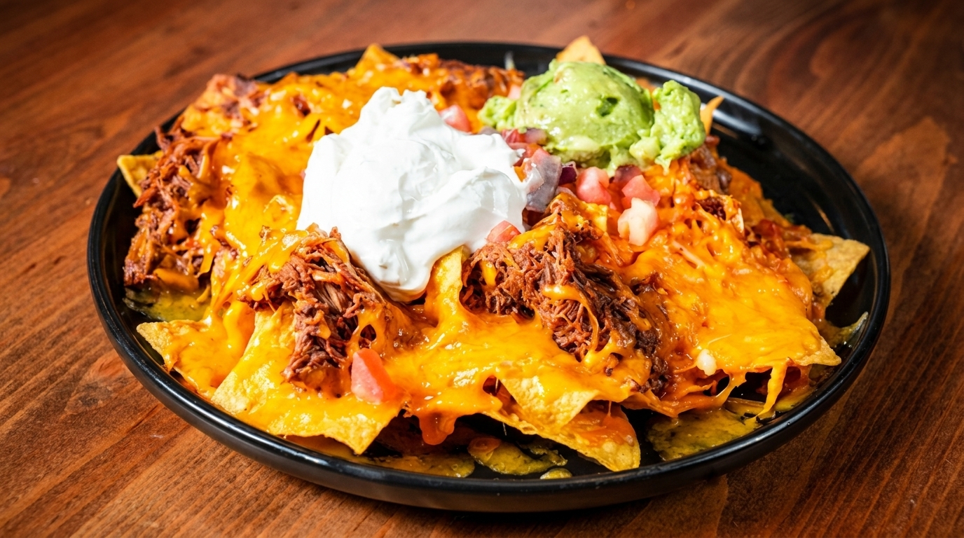 Loaded nachos with shredded meat, melted cheese, sour cream, guacamole, and pico de gallo.