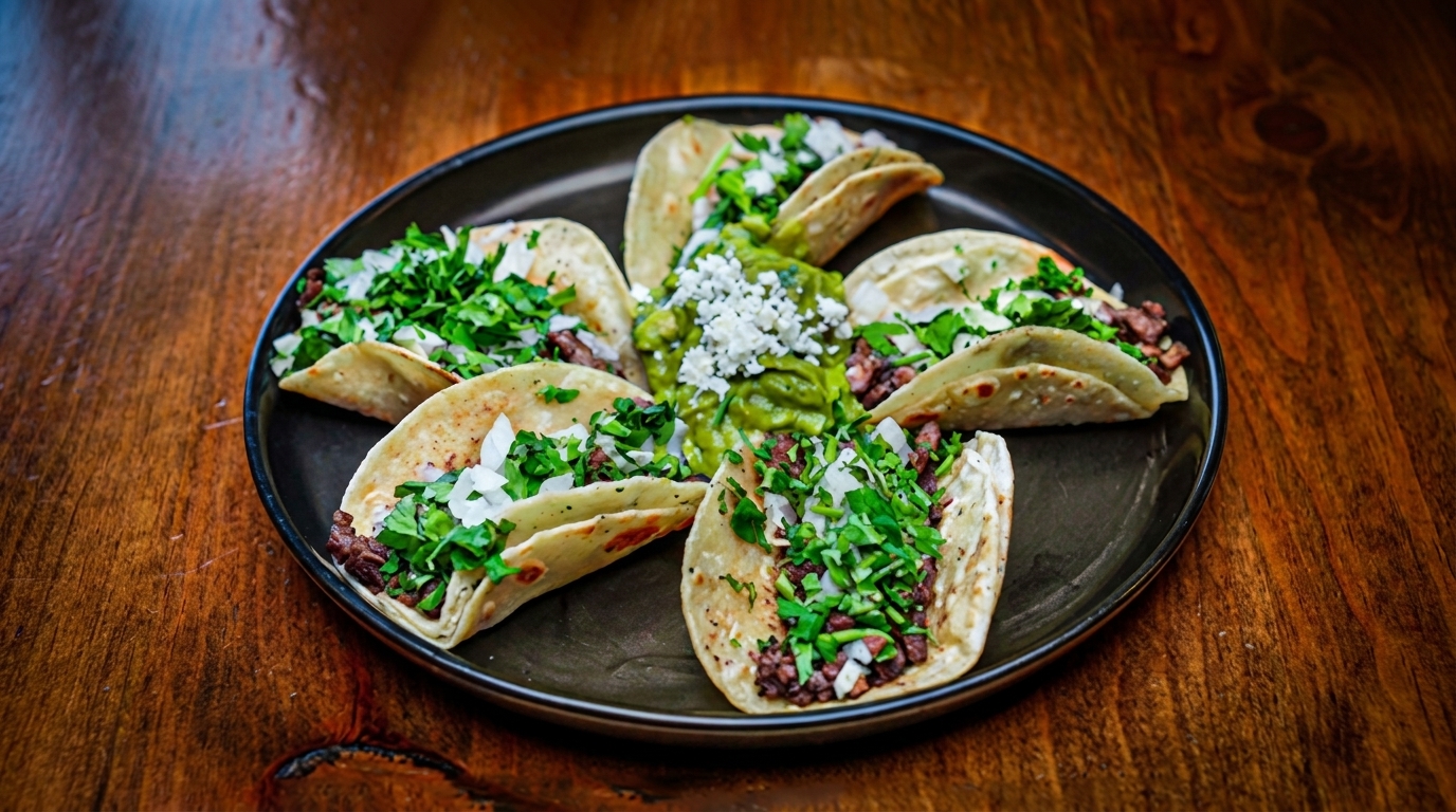 Six street tacos with meat, cilantro, and onions, surrounding a dollop of guacamole with cheese.