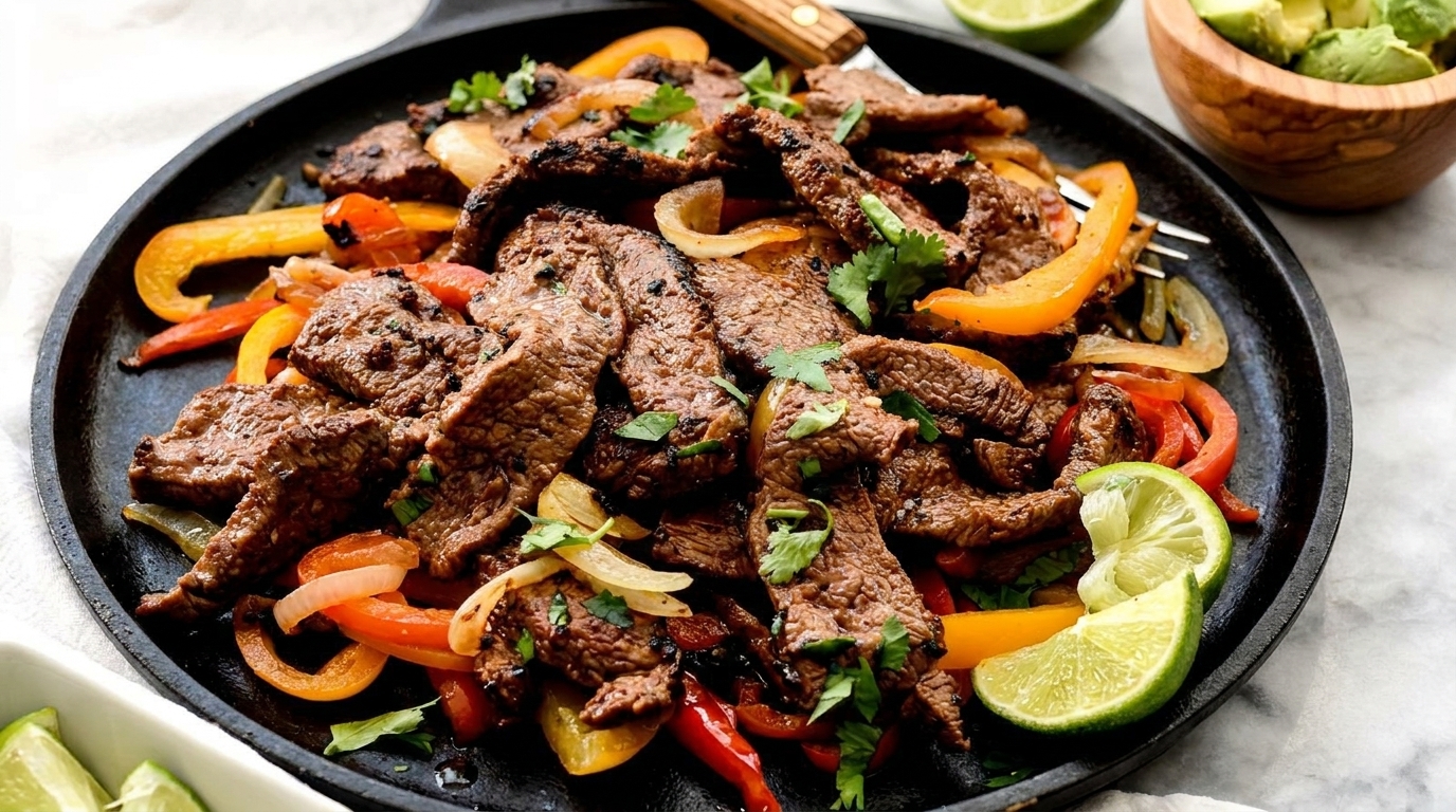 Sizzling beef fajitas with colorful bell peppers, onions, and cilantro in a black skillet.