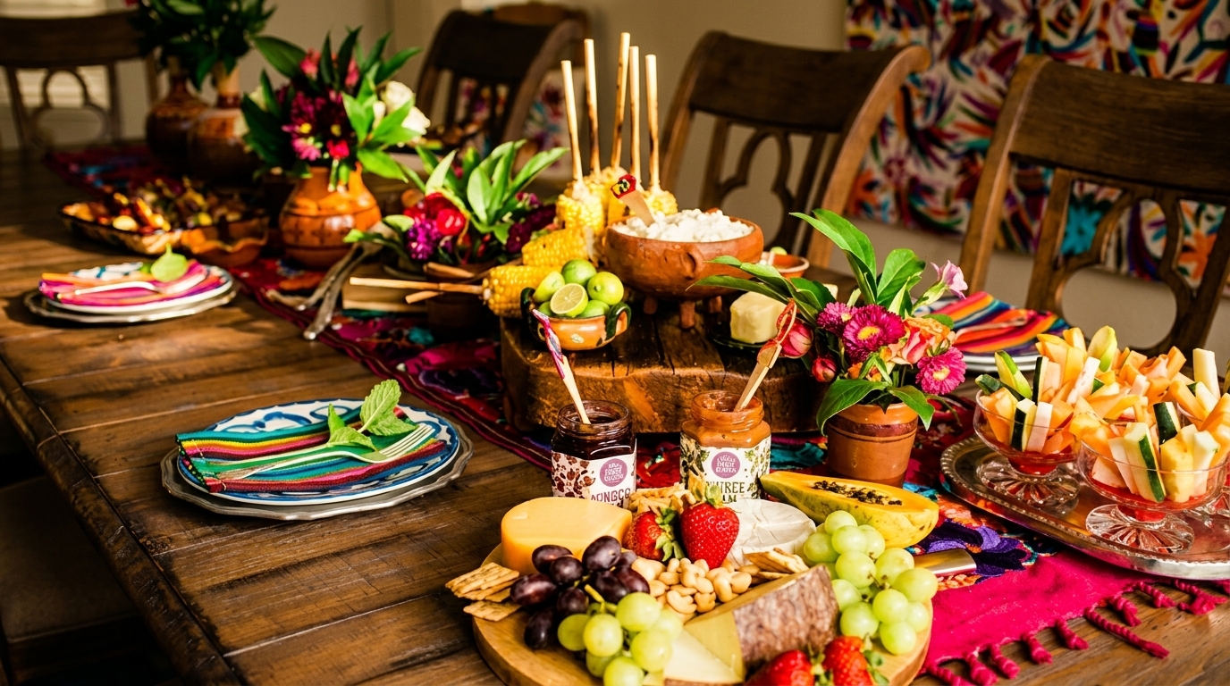 A vibrant, colorful table spread with various dishes, fruits, cheeses, and floral arrangements.