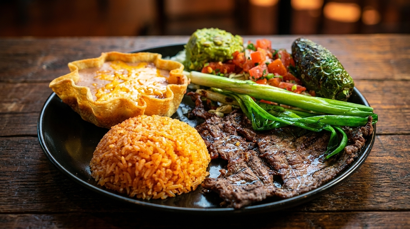 A Mexican dish with steak, rice, beans in a tortilla bowl, guacamole, salsa, and grilled vegetables.