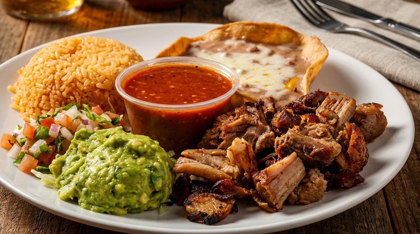 Mexican carnitas plate with rice, guacamole, pico de gallo, refried beans, and red salsa.