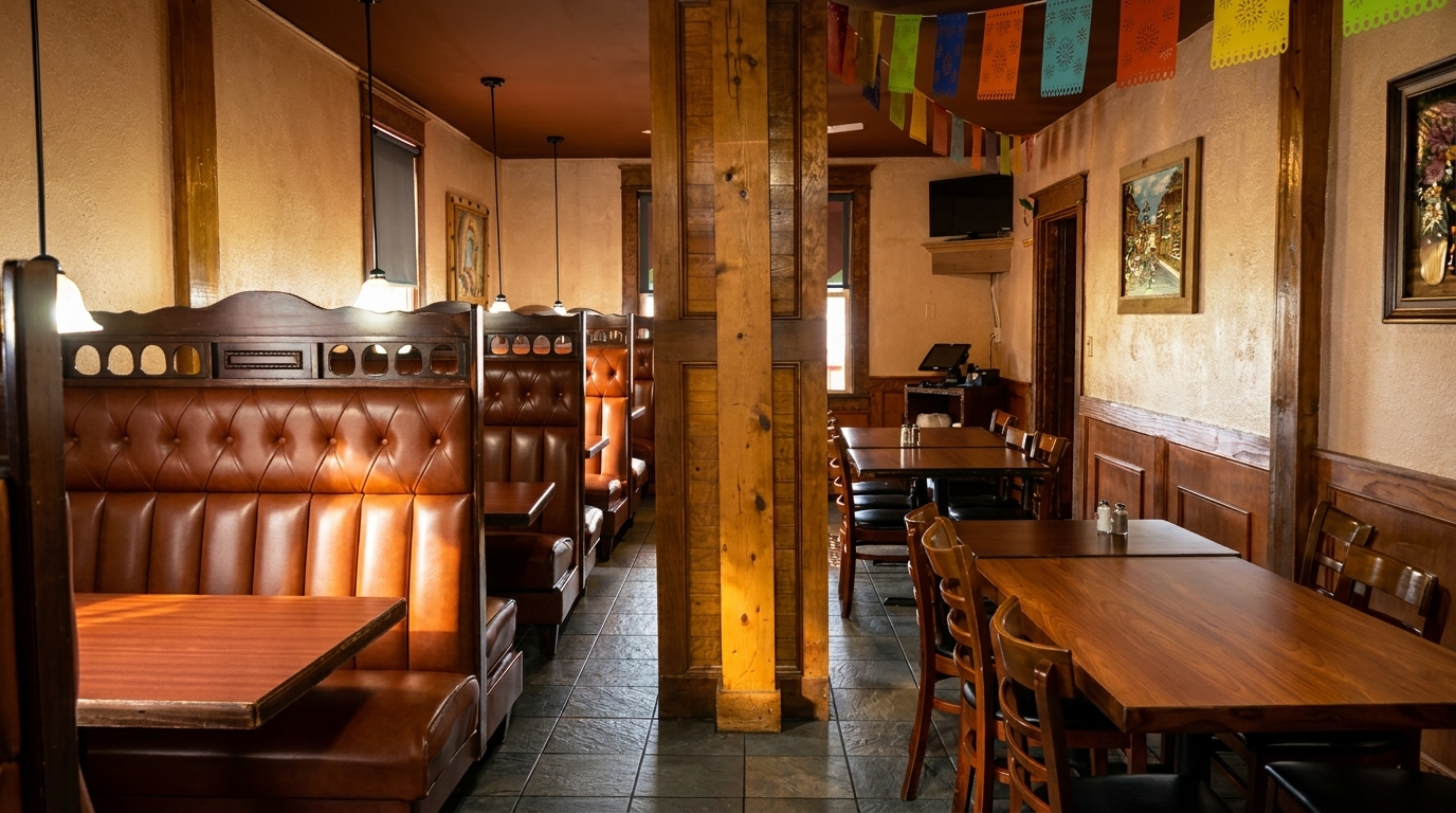 Cozy restaurant interior with brown leather booths, wooden tables, and colorful papel picado decorations.