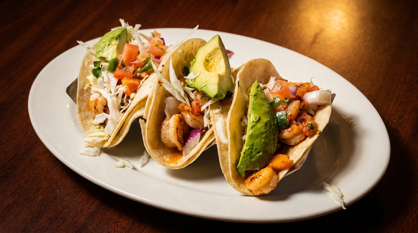 Three shrimp tacos with avocado, pico de gallo, and shredded cabbage on a white plate.