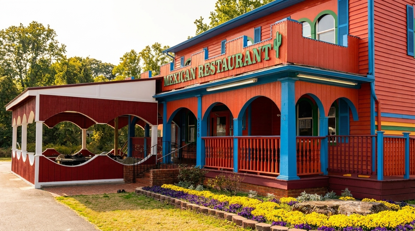 Vibrantly painted Mexican restaurant with red, blue, and orange exterior, featuring a covered patio and flower beds.