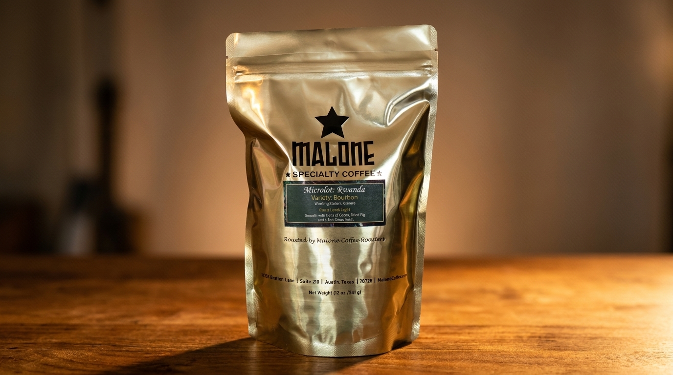 A gold Malone Specialty Coffee bag, Microlot: Rwanda, Variety: Bourbon, sits on a wooden table.