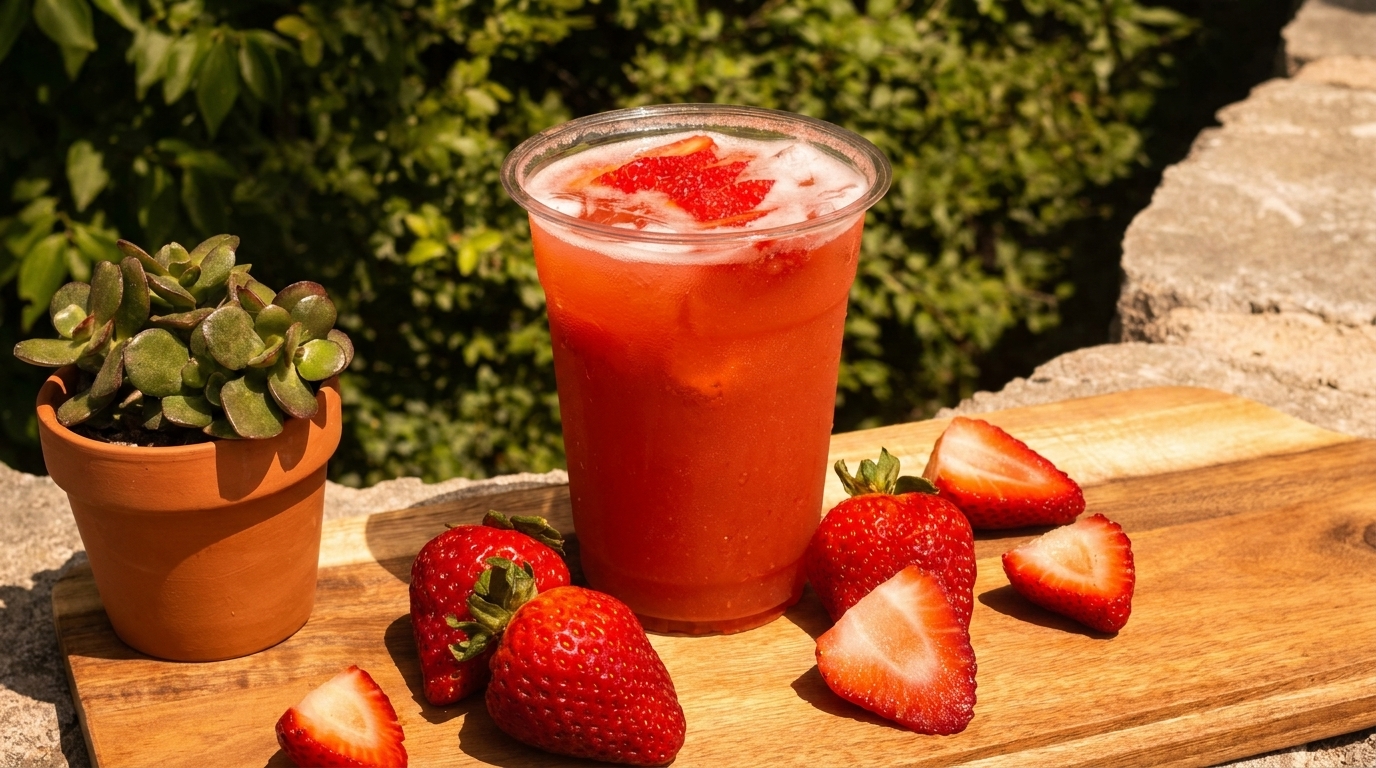 A strawberry drink in a clear cup with fresh strawberries on a wooden board outdoors.