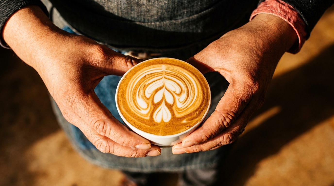 Hands holding a white cup of coffee with intricate latte art on top.