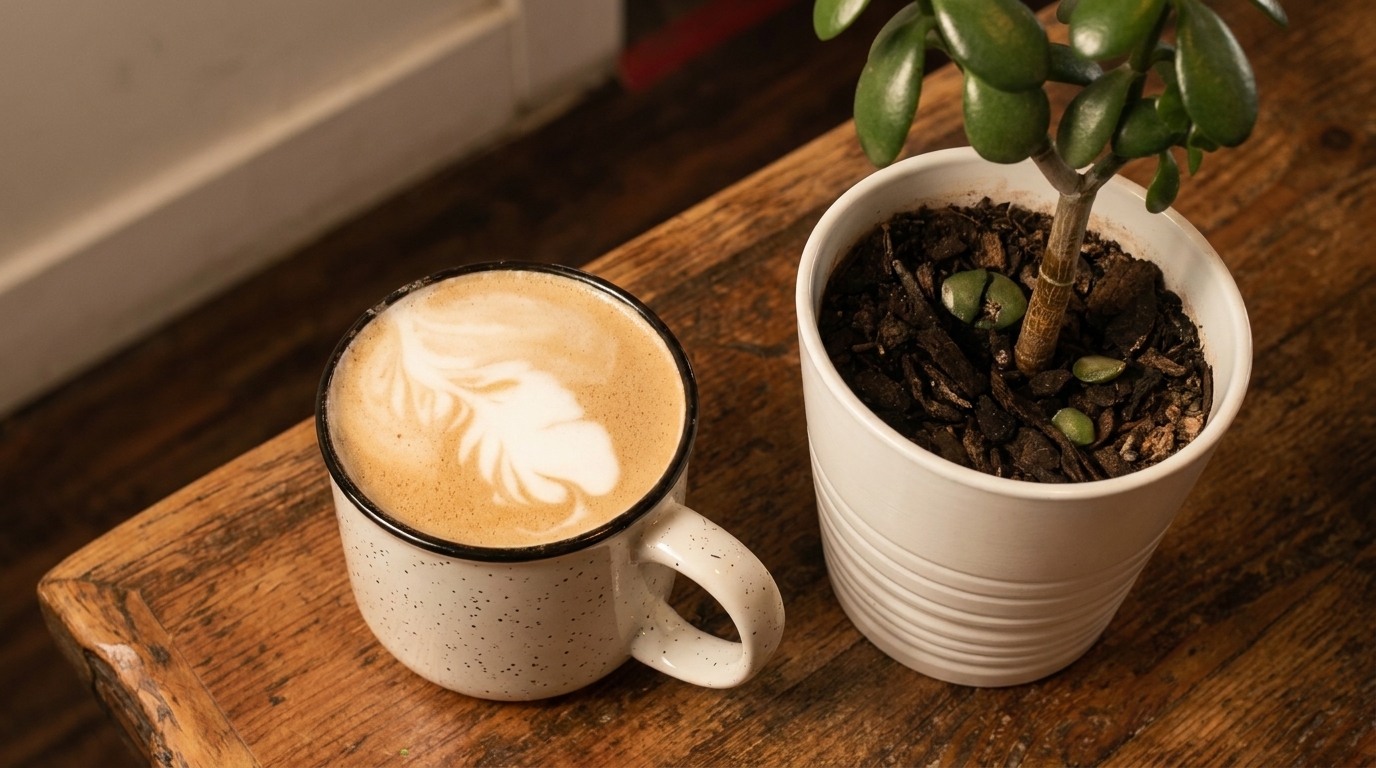 A latte with foam art next to a potted plant on a rustic wooden table.