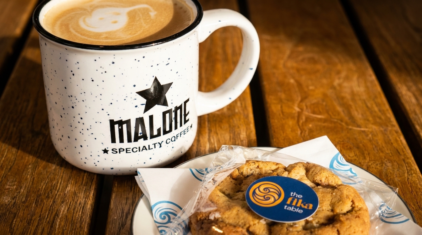 A Malone Specialty Coffee mug with latte art and a Fika Table cookie on a wooden table.