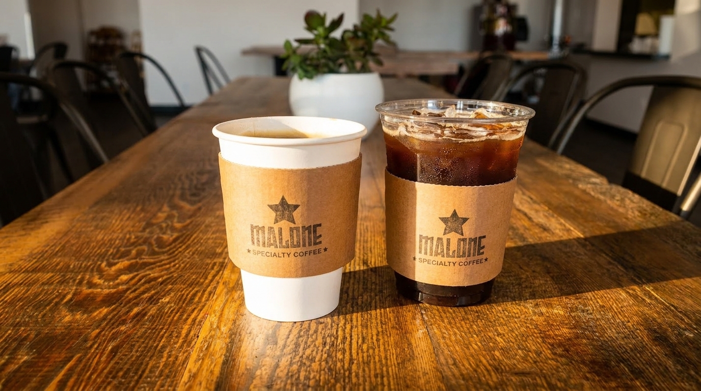 Two Malone Specialty Coffee cups, one hot and one iced, on a rustic wooden table.