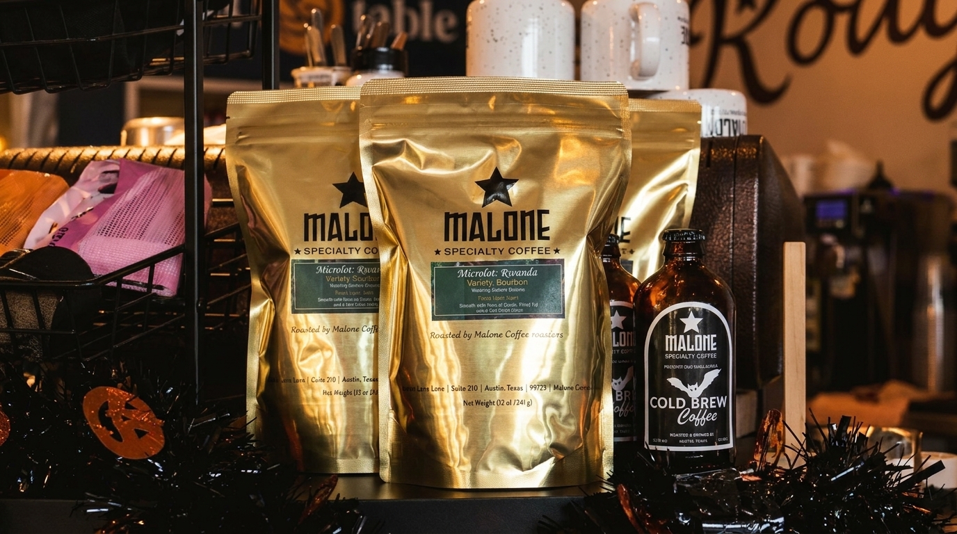 Malone Specialty Coffee bags and cold brew bottles on a counter with Halloween decorations.