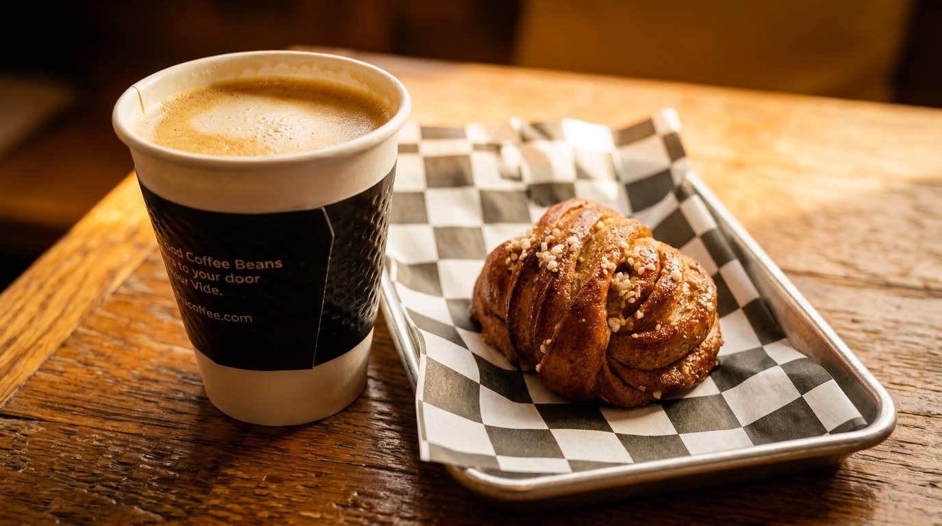 A coffee cup and a cinnamon bun on a checkered paper-lined tray sit on a wooden table.