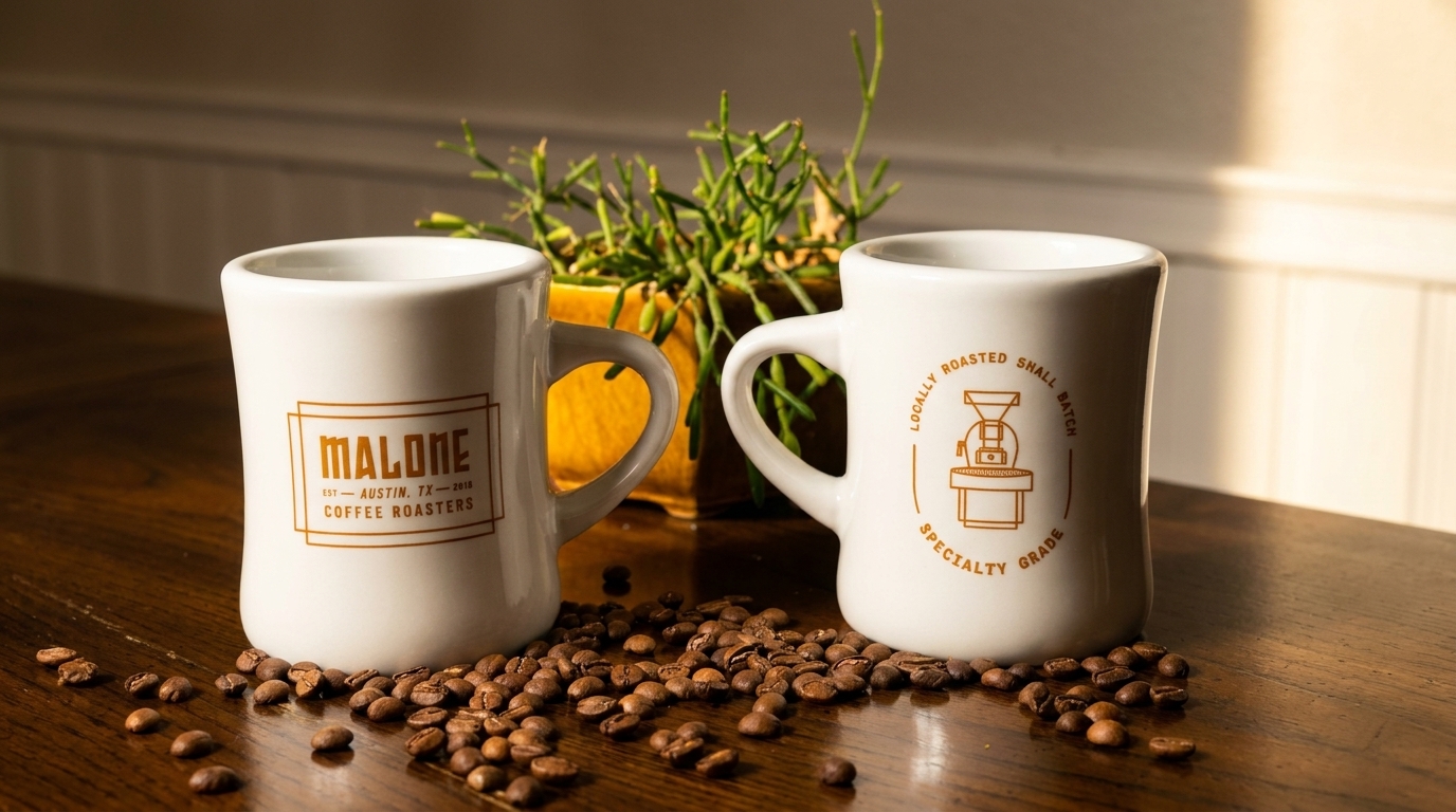 Two white Malone Coffee Roasters mugs with coffee beans scattered on a wooden table.