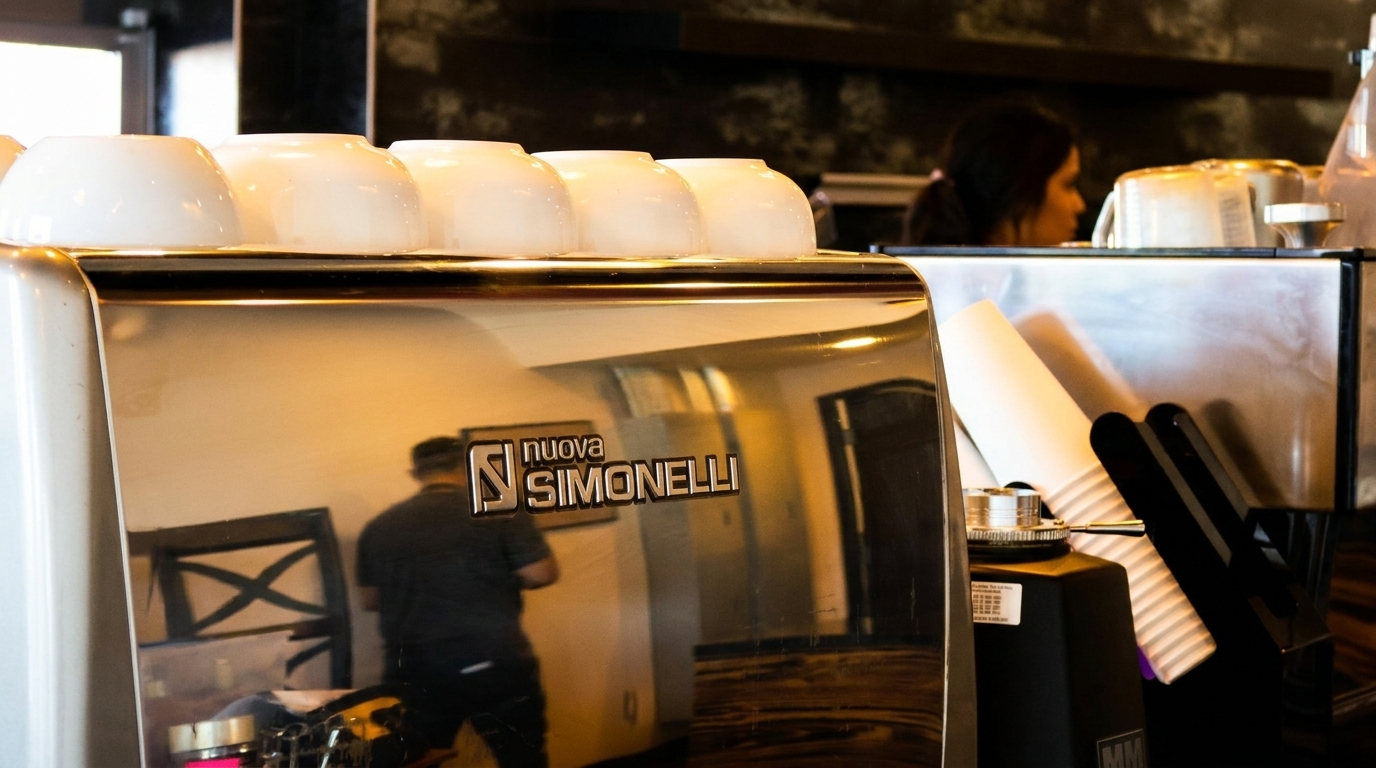 Close-up of a "Nuova Simonelli" espresso machine with white cups on top and reflections.