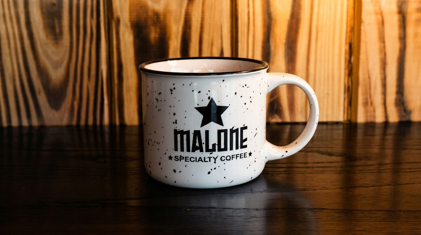 White speckled Malone Specialty Coffee mug with a black star logo on a dark wooden table.