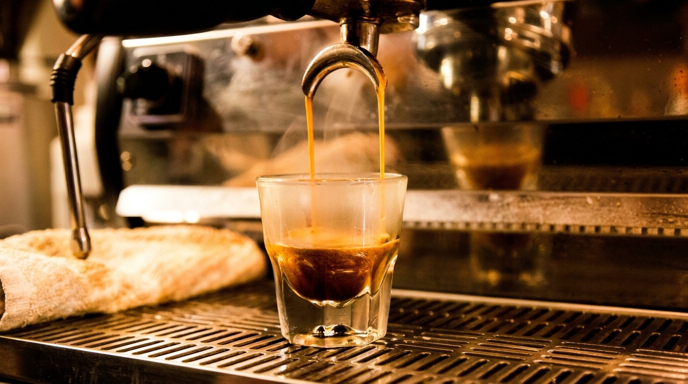 Espresso streams from a machine into a glass, creating a rich, dark brew with crema.