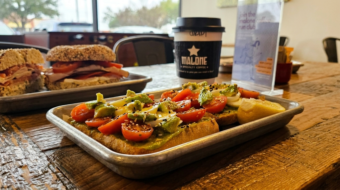 Avocado toast with cherry tomatoes and eggs, a bagel sandwich, and a Malone coffee cup on a wooden table.
