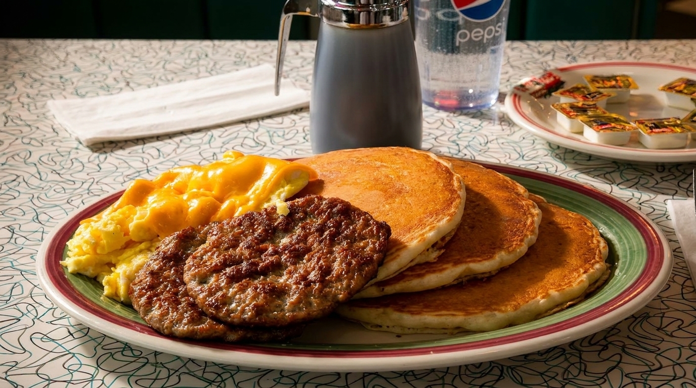 A breakfast plate with scrambled eggs, sausage patties, and pancakes on a patterned table.