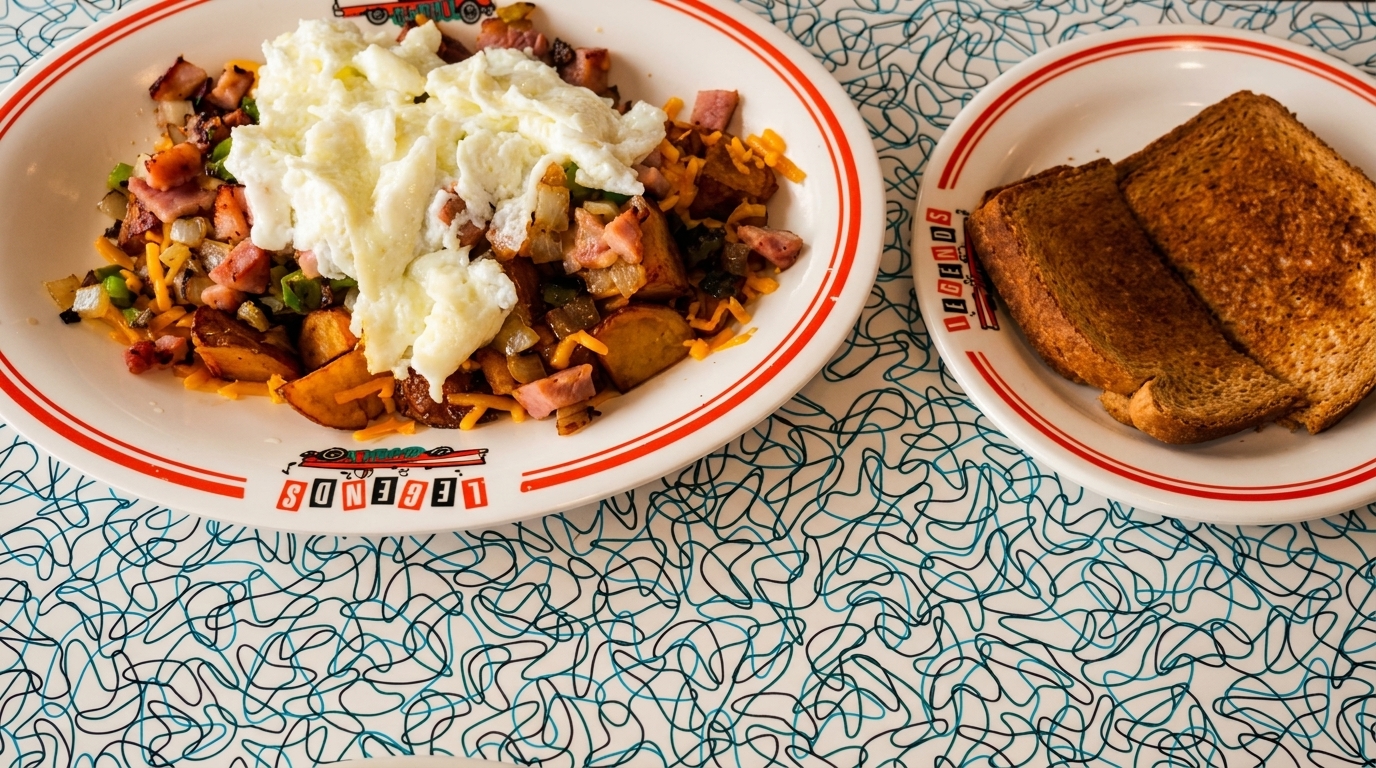 A Legends Diner breakfast plate with scrambled eggs, ham, potatoes, and cheese, with toast.