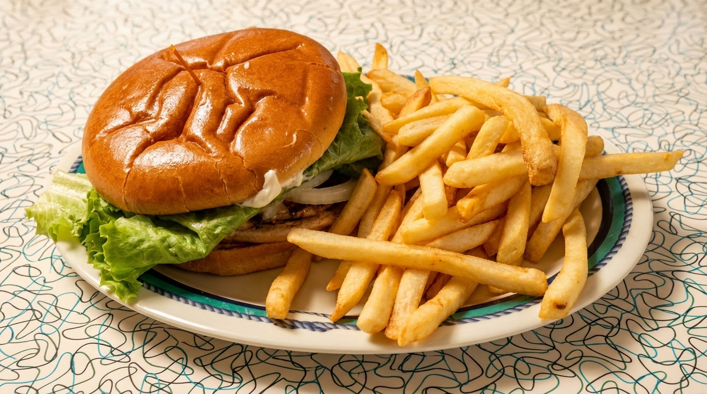 A burger with lettuce, onion, and sauce, served with a side of golden french fries.