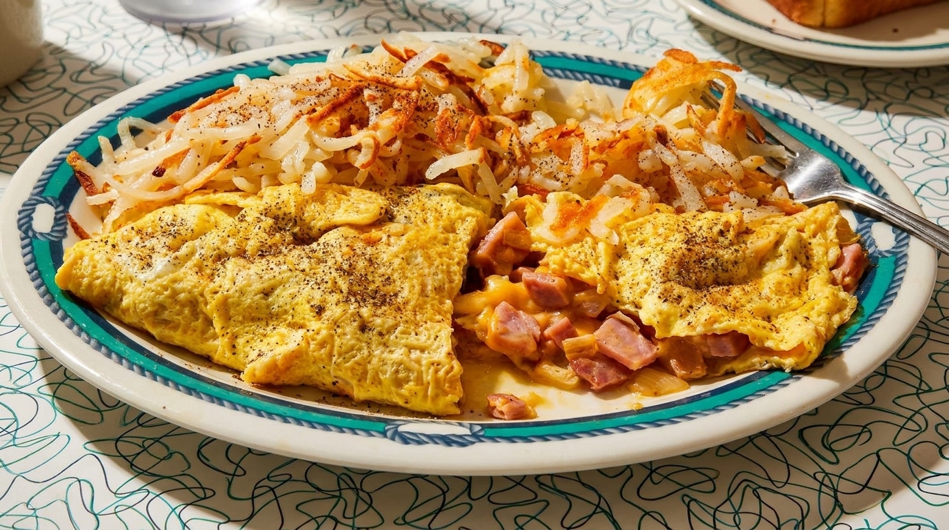 A diner breakfast plate with a ham and cheese omelet and hash browns, topped with pepper.