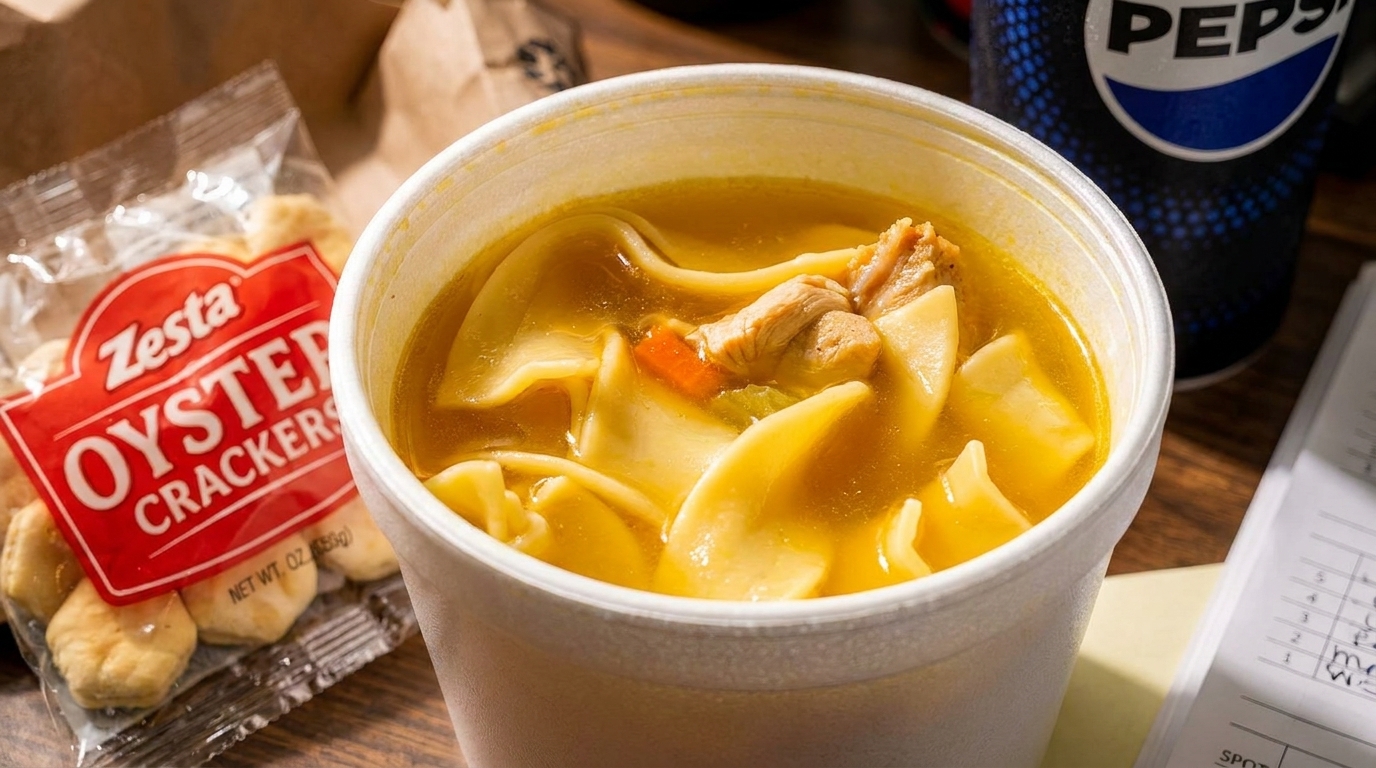 Chicken noodle soup in a white styrofoam cup with oyster crackers and a Pepsi can.