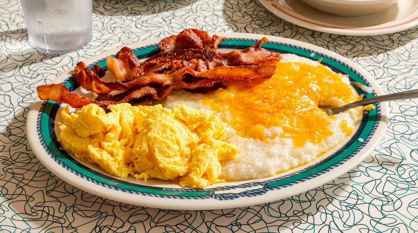 A breakfast plate with crispy bacon, fluffy scrambled eggs, and cheesy grits with a fork.