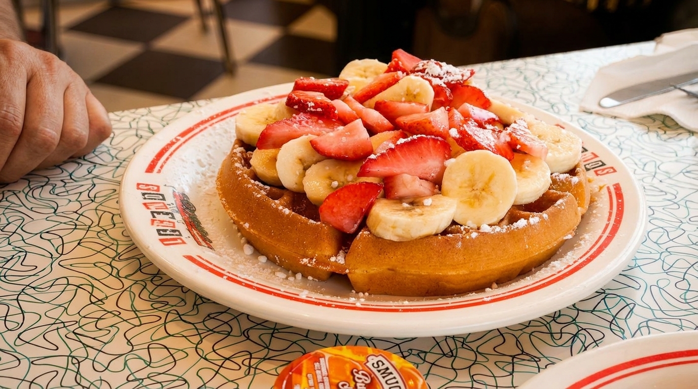 A waffle topped with sliced strawberries, bananas, and powdered sugar on a white plate.