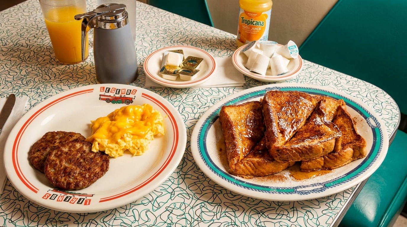Diner breakfast with French toast, sausage, scrambled eggs, orange juice, and condiments on a patterned table.
