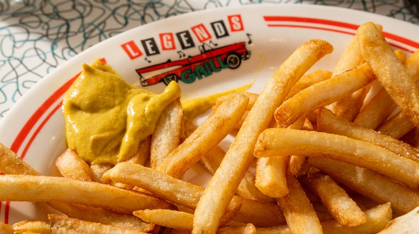 Golden french fries with a dollop of mustard on a white plate with a "Legends Grill" logo.