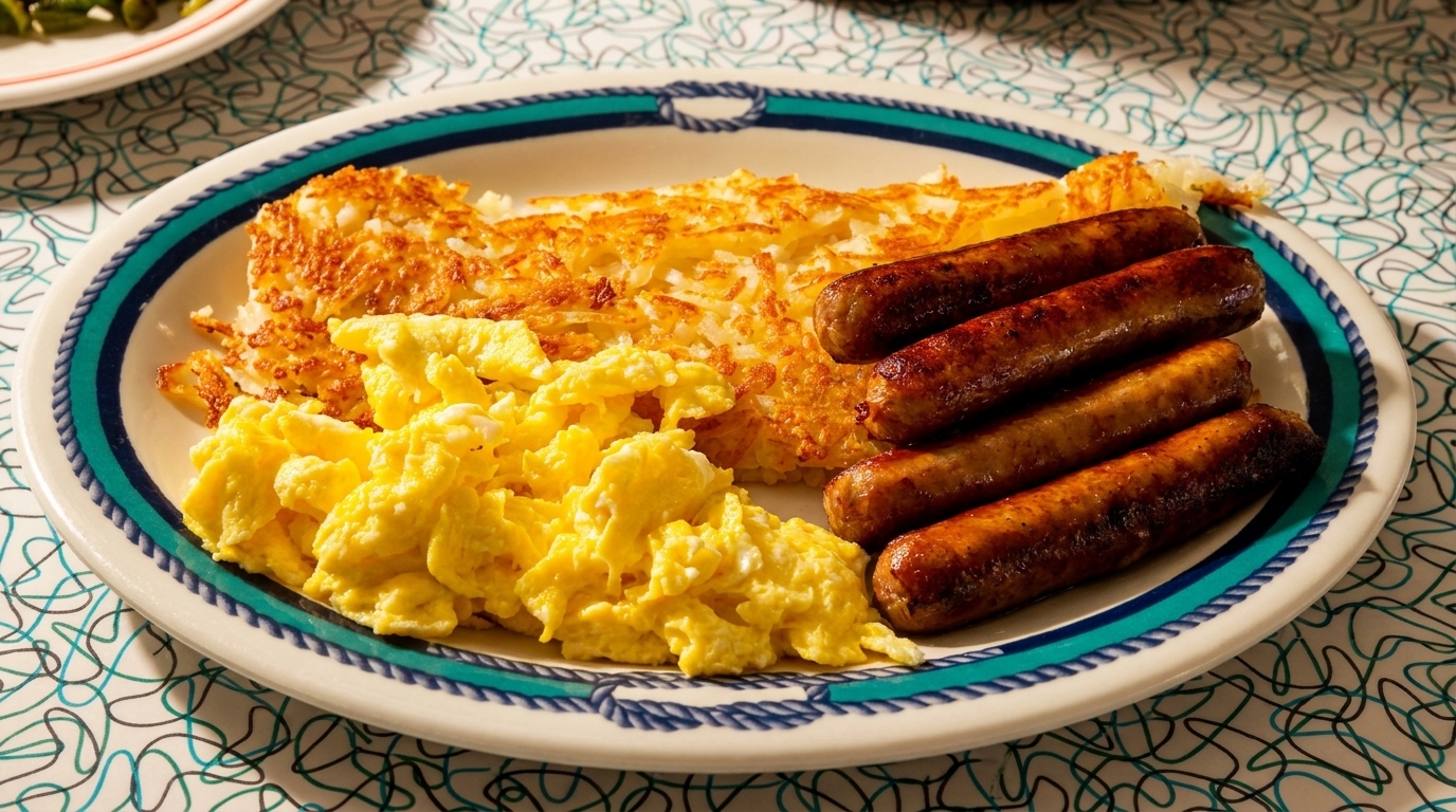 A diner breakfast plate with scrambled eggs, crispy hash browns, and four browned sausage links.