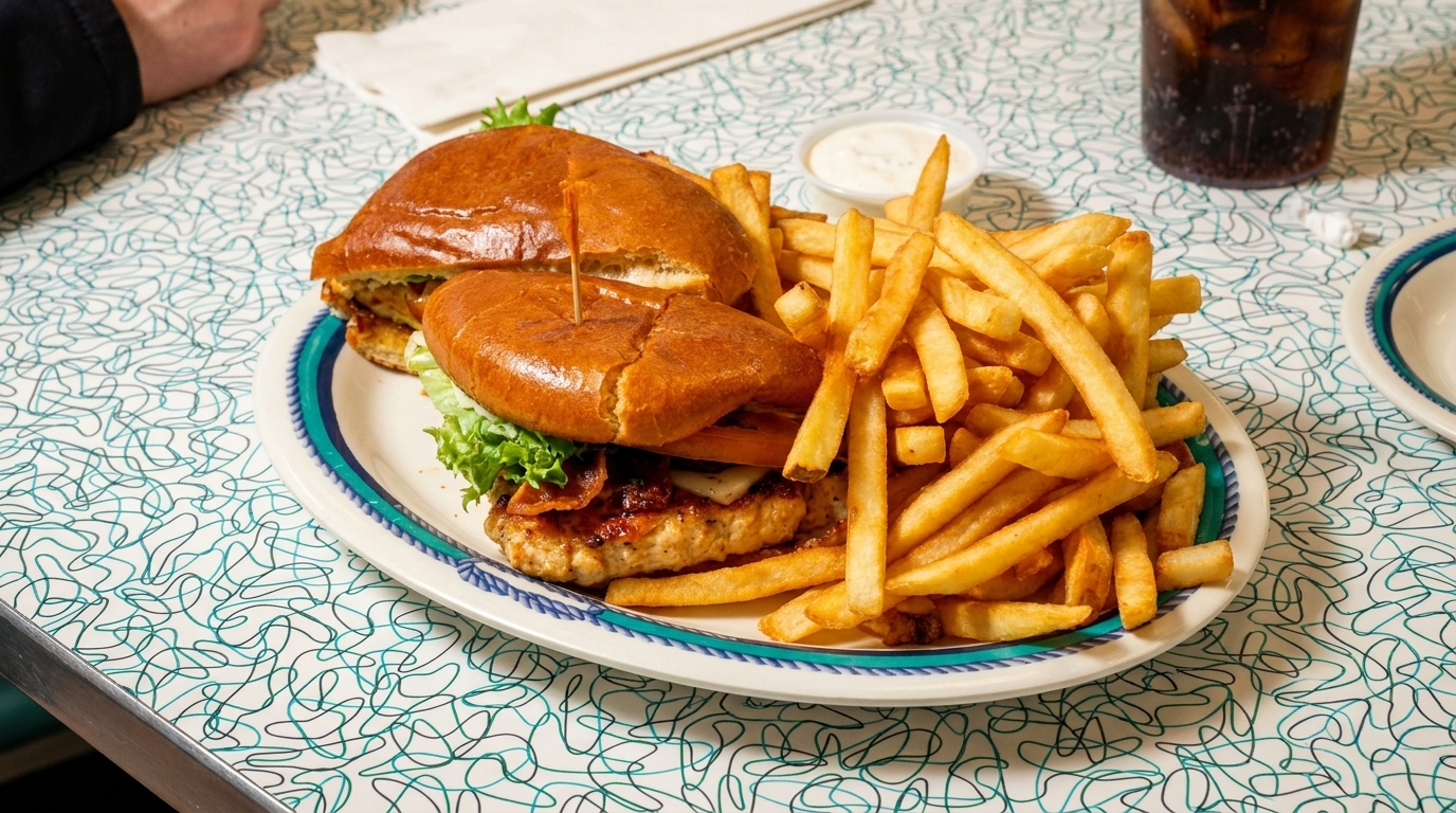 Chicken sandwich with bacon and cheese, a side of fries, and a drink on a diner table.
