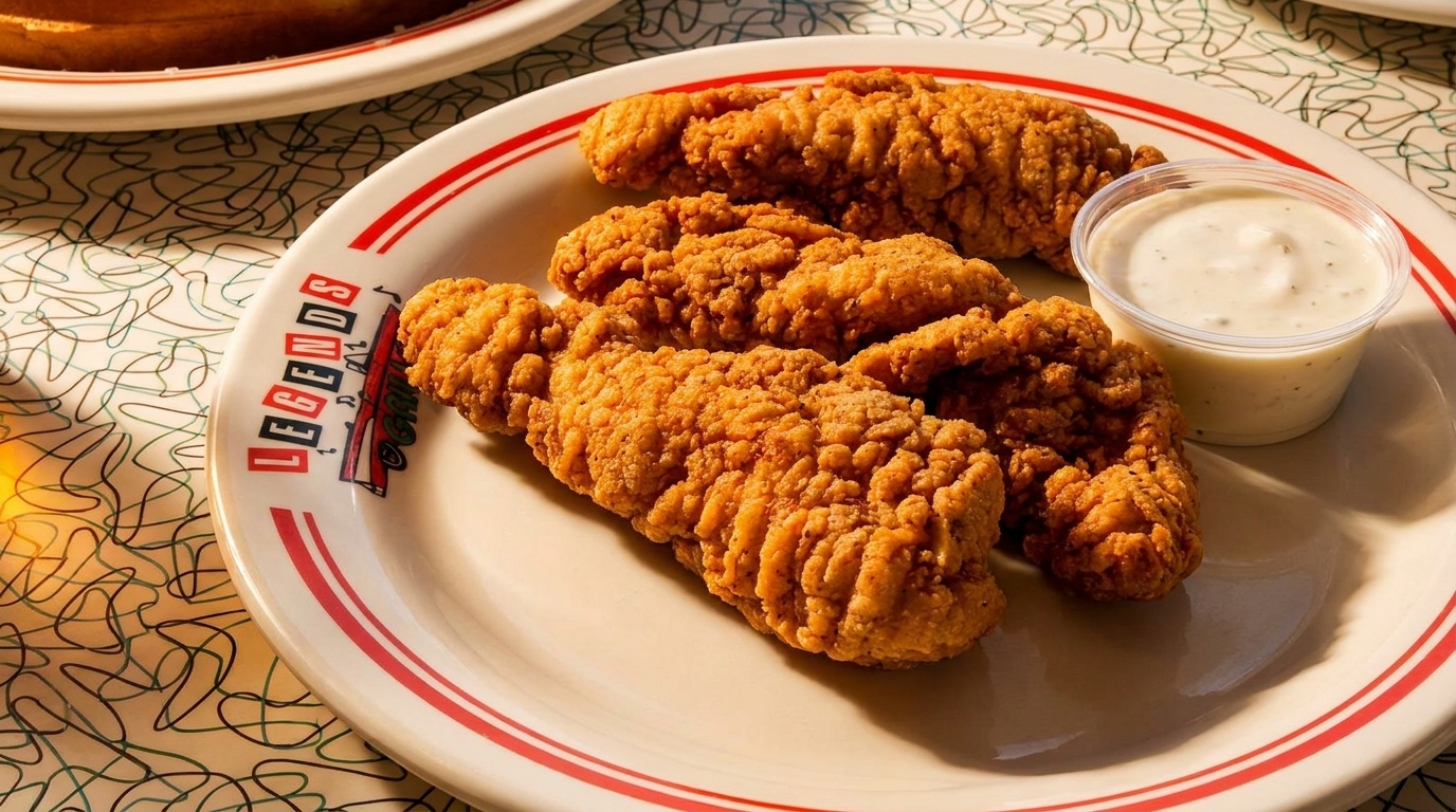 Crispy fried chicken tenders with a side of ranch dressing on a Legends Roadhouse plate.
