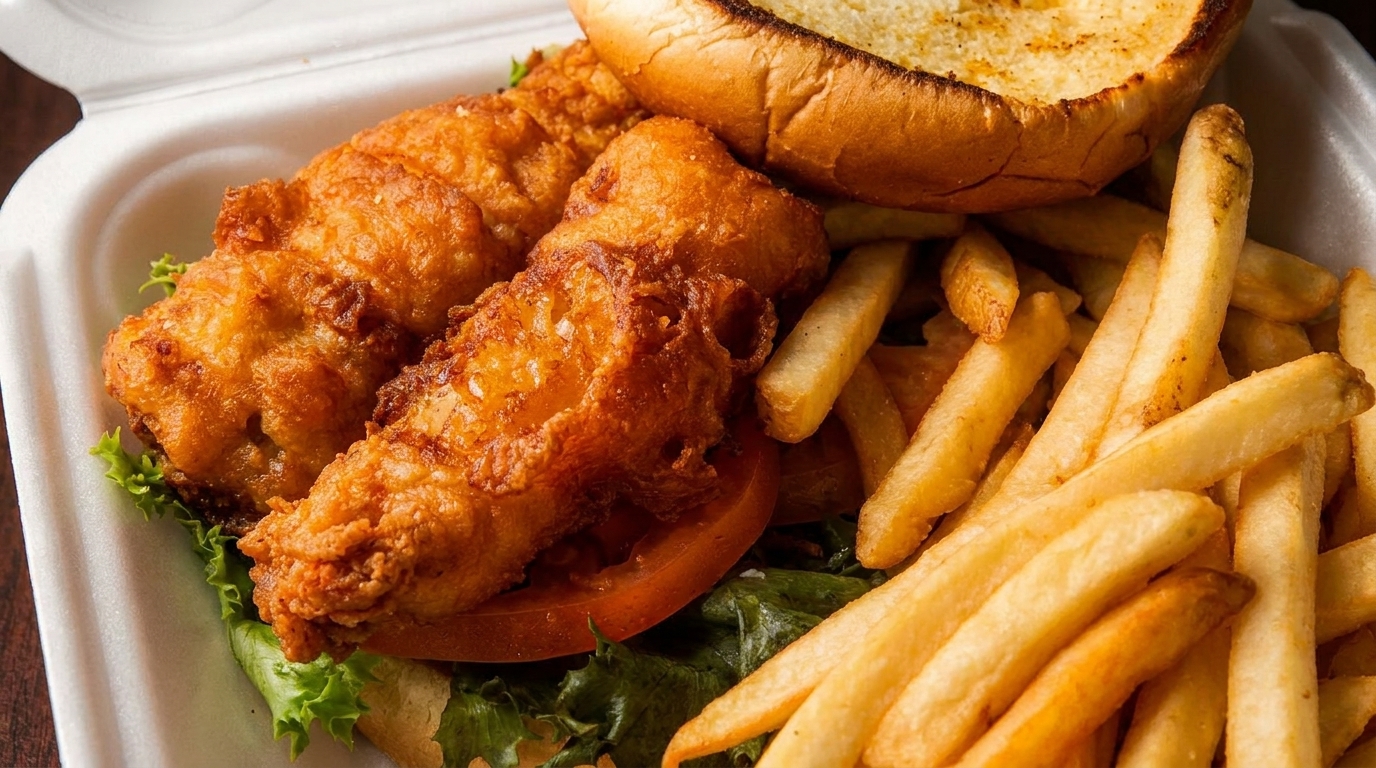 Crispy fried fish fillets with lettuce, tomato, fries, and a toasted bun in a takeout container.