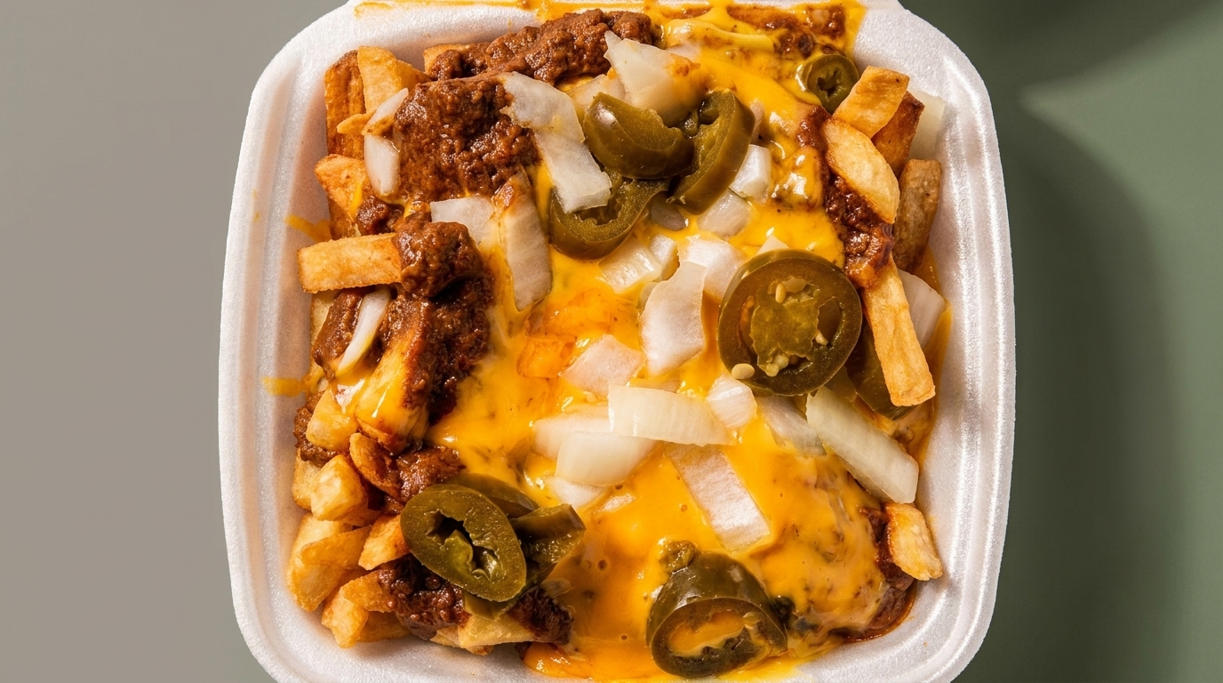 Chili cheese fries with diced onions and jalapeños in a white takeout container.