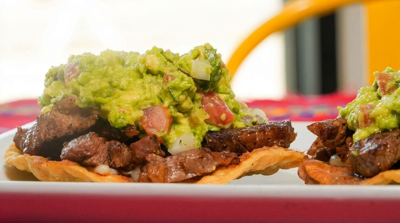 Close-up of two tostadas topped with grilled steak and a generous dollop of guacamole.