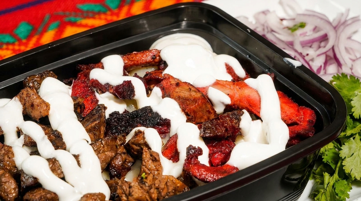 Close-up of a black takeout container filled with grilled meat and chicken, drizzled with white sauce.