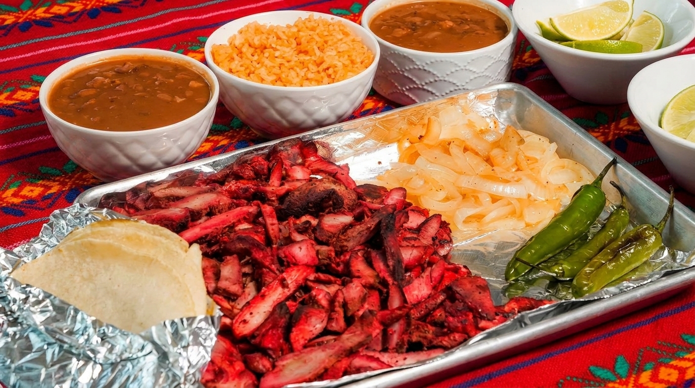 Mexican platter with red meat, grilled onions, peppers, tortillas, rice, beans, and lime wedges.