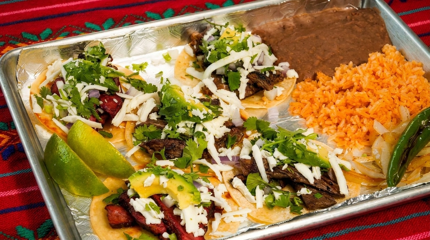 A metal tray holds four tacos with meat, cheese, cilantro, and avocado, alongside rice and beans.