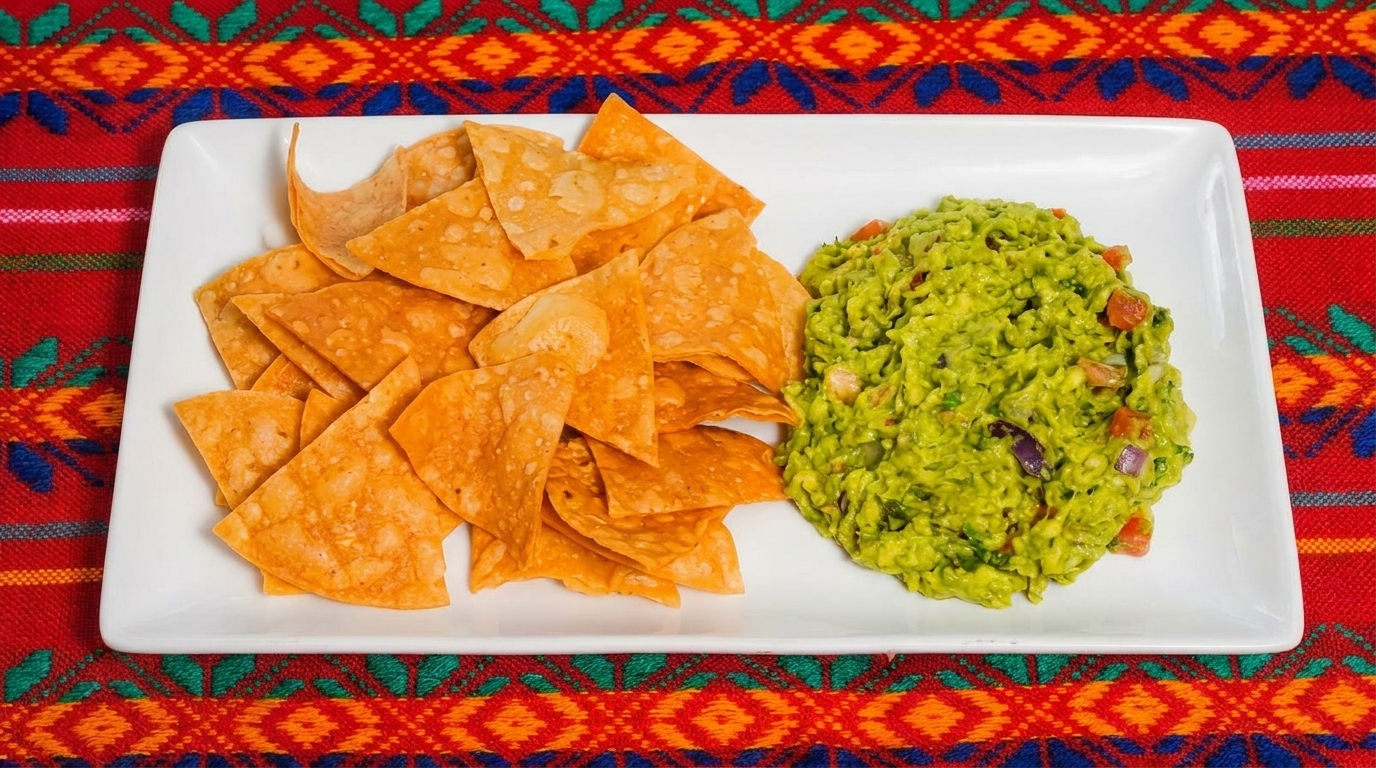 A white rectangular plate with a pile of tortilla chips and a scoop of guacamole on a colorful patterned tablecloth.